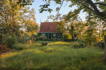 Rustic cottage with a lush garden under golden sunlight