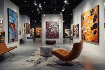 Modern Art Gallery Interior with Colorful Paintings and Stylish Furniture