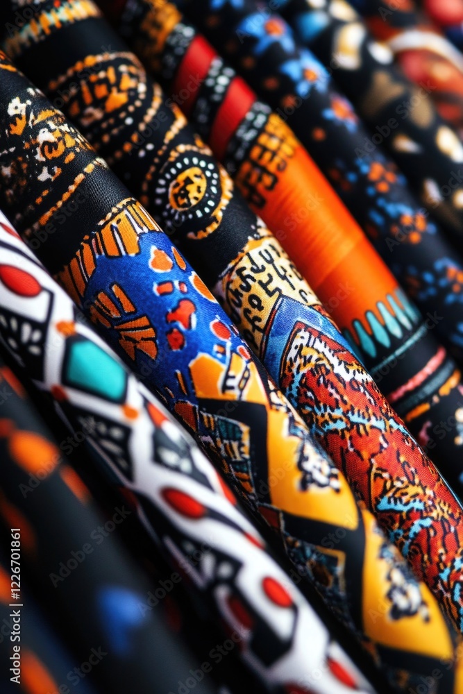 Aufkleber a row of colorful fabric with a variety of patterns and designs. the colors and patterns create a se