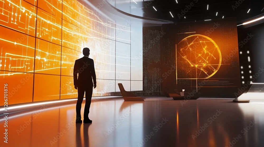 Poster a person in a suit stands in a high-tech room with large screens displaying digital data