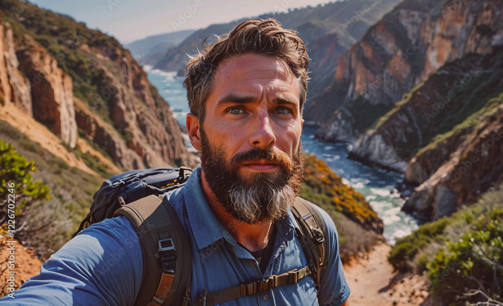 Poster a man with a beard and a backpack is taking a selfie in front of a mountain. concept of adventure an