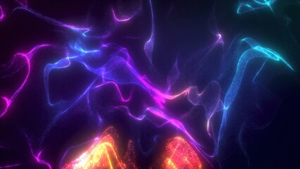 Dynamic curved lines and scattered multicolored dots creating a futuristic abstract motion effect, vibrant glowing particles forming waves of energy on a deep dark surface