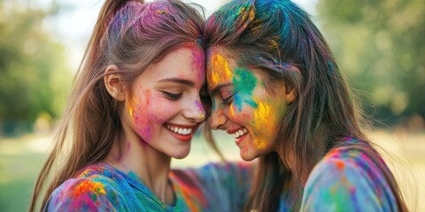Two women joyfully participating in the colorful and lively Holi festival, surrounded by flower petals.