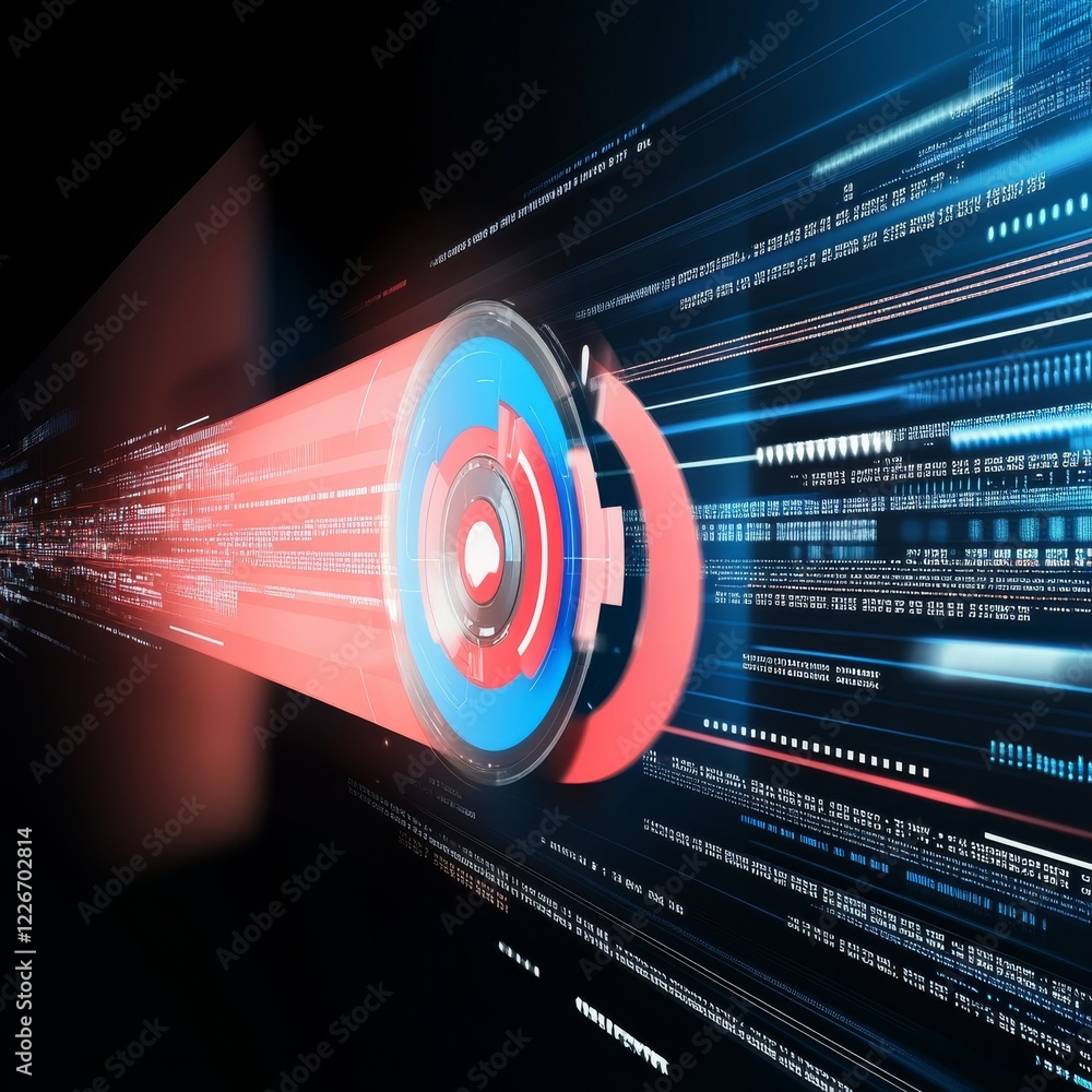 Poster a dynamic digital representation of data transmission, featuring a circular object emitting vibrant 