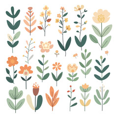 Set of elements from leaves, branches and flowers, flat