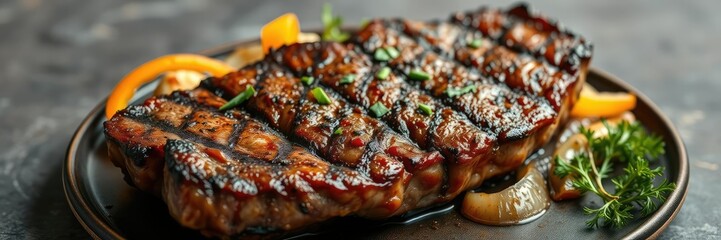 Grilled ancho steak served with a side of saut?ed onions and bell peppers, summer dish, colorful vegetables, bbq