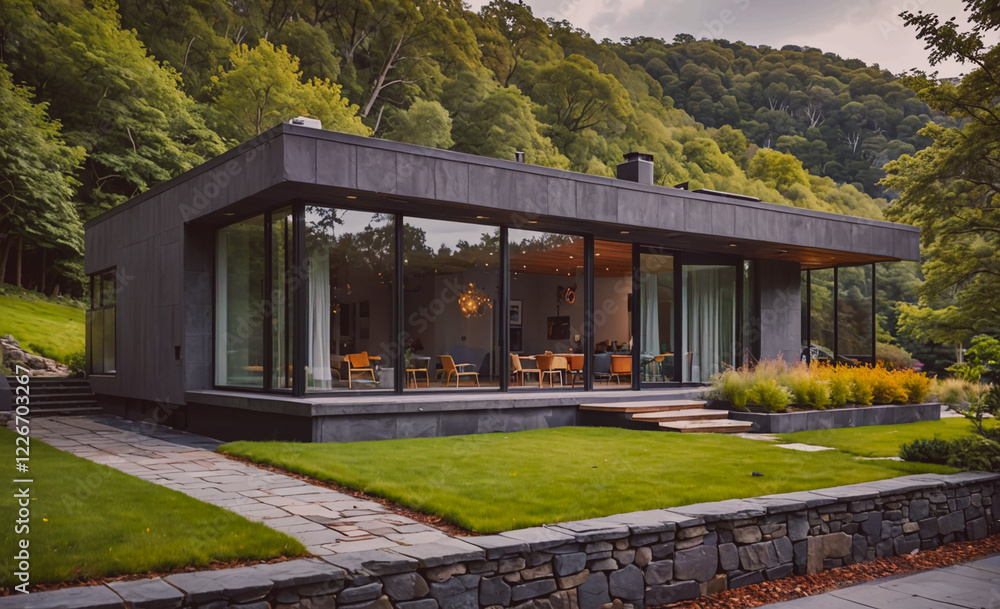 Poster a large house with a large yard and a stone wall. the house is surrounded by trees and has a lot of 