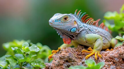 Fototapeta premium Colorful iguana on rock, lush greenery background, vibrant reptile portrait, nature photography