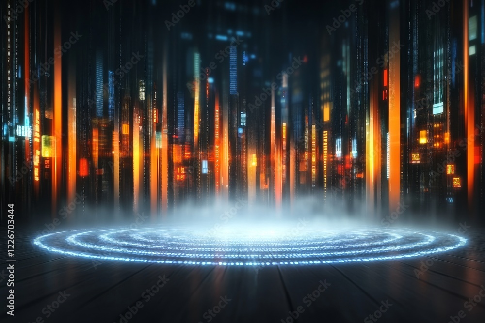 Poster a futuristic urban scene with glowing circular patterns and vibrant vertical lights, creating an atm