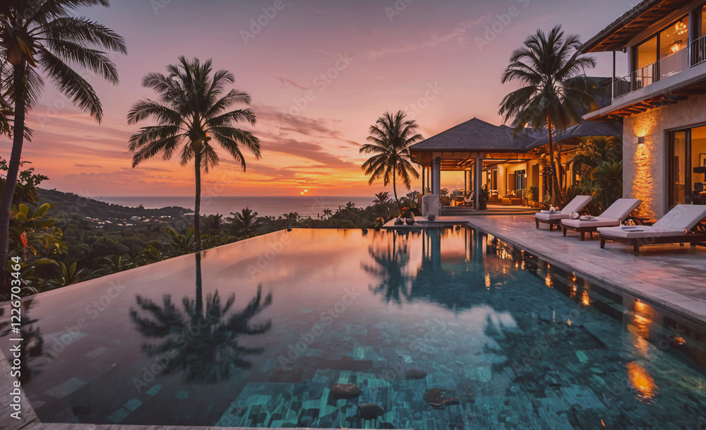 Aufkleber A beautiful pool with palm trees in the background. The pool is surrounded by white lounge chairs and a large house. The sun is setting, creating a warm and relaxing atmosphere