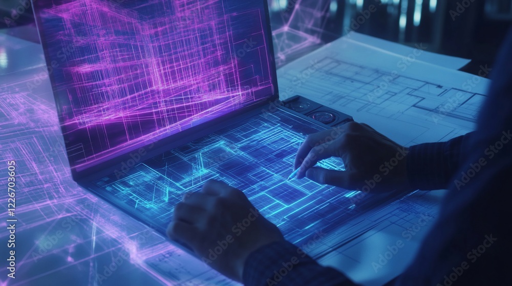 Aufkleber person using a laptop with a digital interface, displaying blueprints and architectural design eleme
