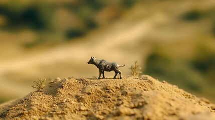 A close up view of a tiny plastic animal on an earthen hill with a background