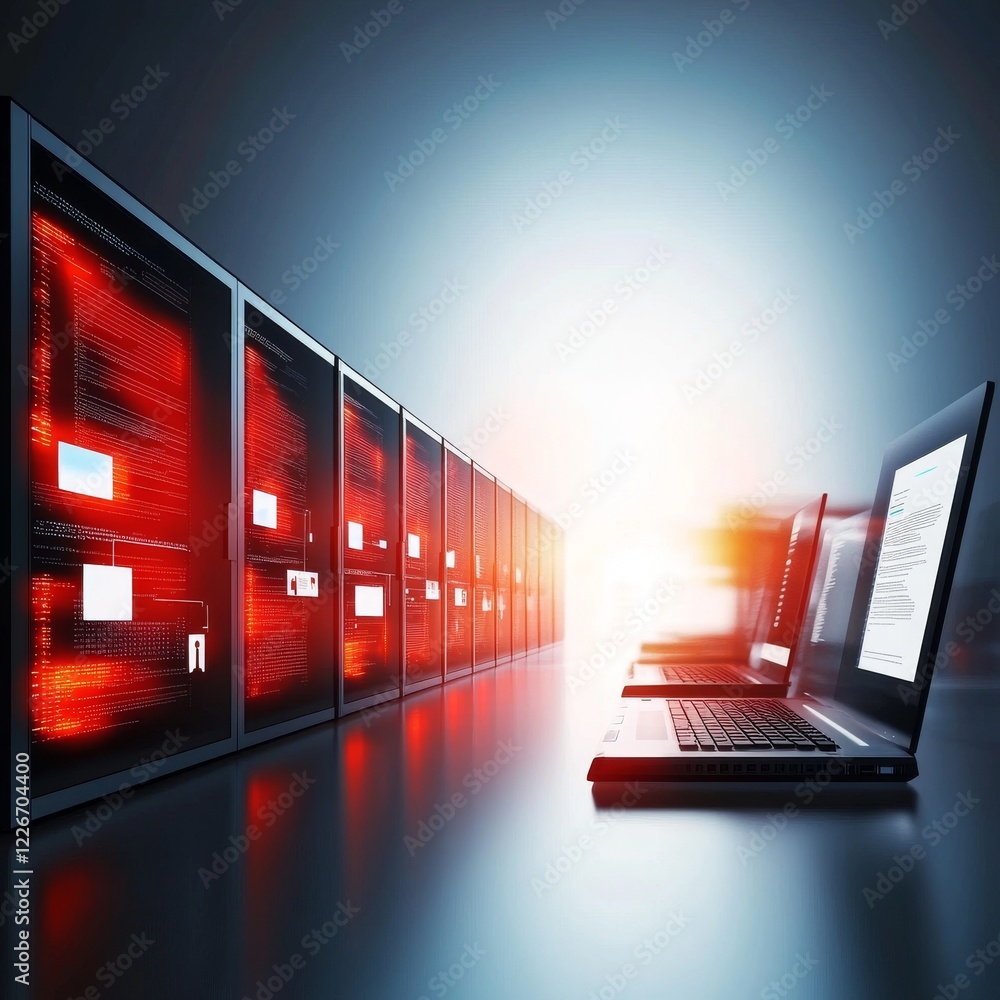 Aufkleber a futuristic scene featuring a row of glowing servers alongside a laptop, symbolizing advanced techn