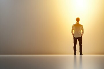 Obraz premium figure stands alone, gazing at warm, radiant light, symbolizing