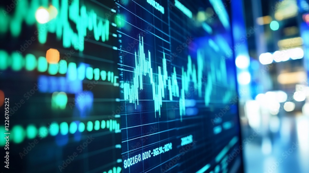 Poster a closeup view of a digital screen displaying stock market data with vibrant colors and city backgro