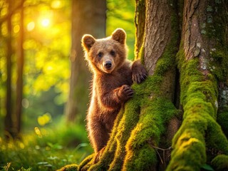 Obraz premium Brown Bear Cub Climbing Tree - Forest Architectural Photography