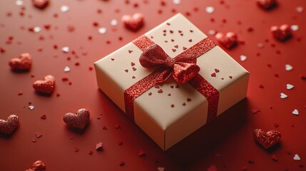 Red hearts, gift box, Valentine's Day, festive background, romantic gift
