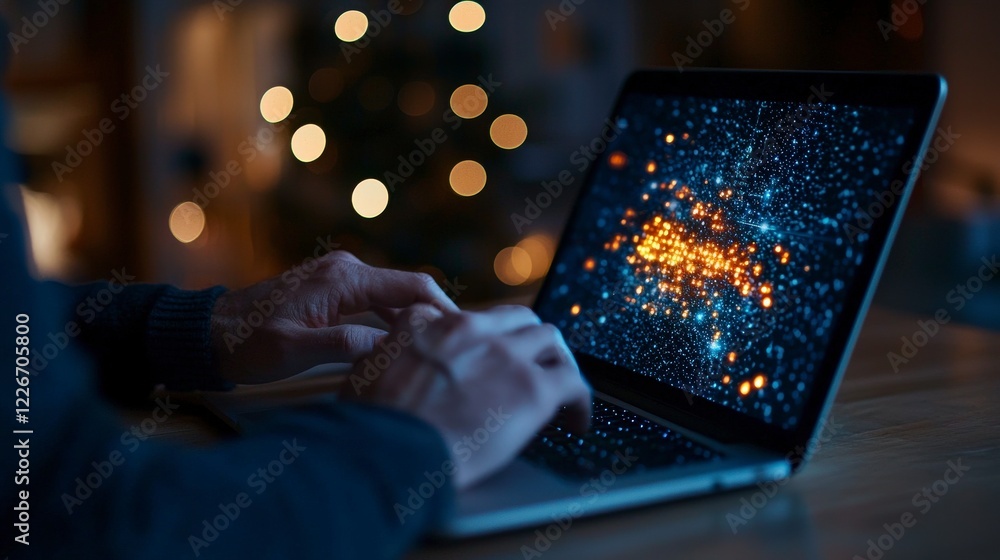 Poster hands typing on laptop with colorful data visualization and warm bokeh background in cozy environmen