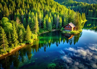 Obraz premium Cabin by Lake, Forest Solitude, Bird's Eye View AI Art
