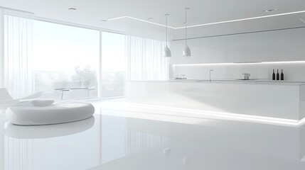 Modern minimalist white kitchen with island and large window