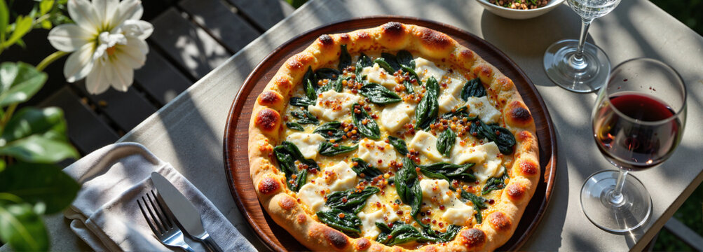 Luxurious spinach and ricotta pizza on minimalistic patio, gourmet dining