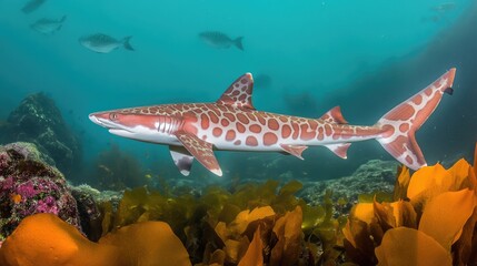 A curious leopard shark swimming near a rocky reef, its patterned skin making it stand out in the clear waters as it explores its habitat