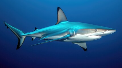 Obraz premium A deep-sea view of a shark emerging from the murky depths, its body cutting through the dark water as it makes its way through the deep blue ocean