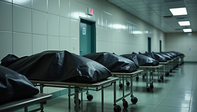 Row of covered bodies in morgue on medical examination tables