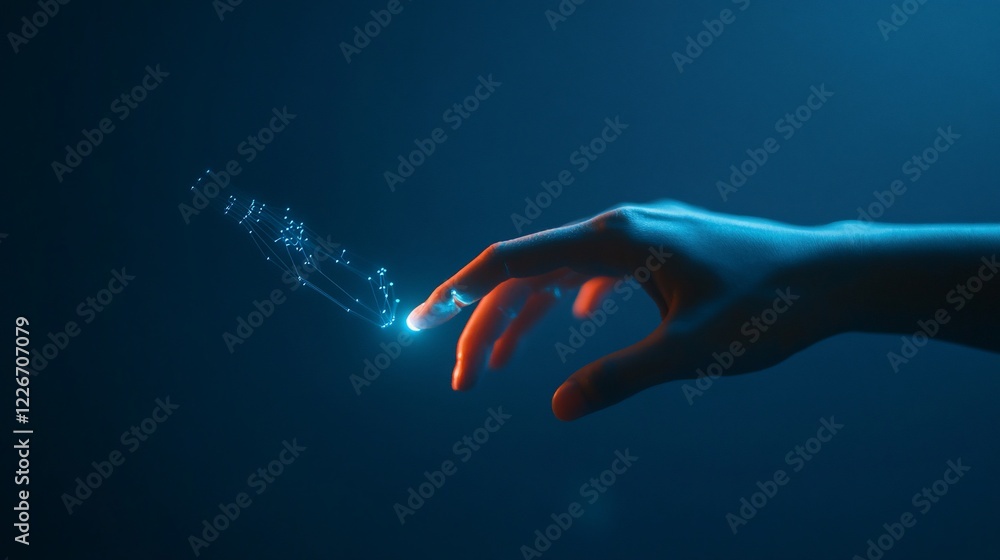 Poster a glowing finger engages with digital interface represented by a geometric line pattern
