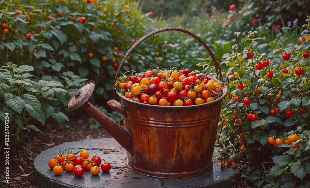 Poster a bucket full of red tomatoes sits on a stone slab. the bucket is filled with tomatoes of various si