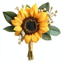 Fototapeta premium Bright and Cheerful Sunflower Bouquet with Green Leaves and Delicate Accents for Summer Decor or Wedding Arrangements