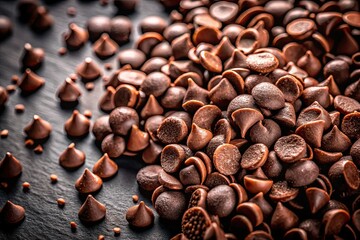 Obraz premium Chocolate Chips Morsels on Black Background - Landscape Photography