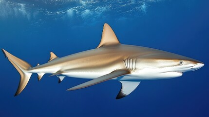Obraz premium A pair of silky sharks moving fluidly through the ocean, their sleek bodies effortlessly blending into the surrounding waters
