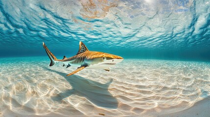 Obraz premium A solitary sand tiger shark gliding along the ocean floor, its ragged fins creating ripples in the water as it navigates through the underwater world