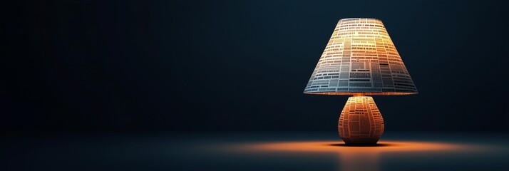 A glowing lamp crafted from recycled newspaper, emitting a warm light in a dark minimalistic environment