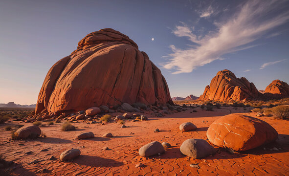 A rocky desert landscape with a large rock in the foreground. The sky is clear and the sun is setting, creating a warm and peaceful atmosphere