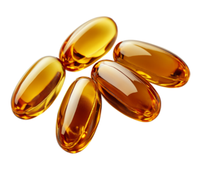 Golden-amber gelatin capsules isolated on transparent background