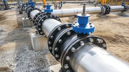 Close-up of stainless steel valves in an industrial pipeline system