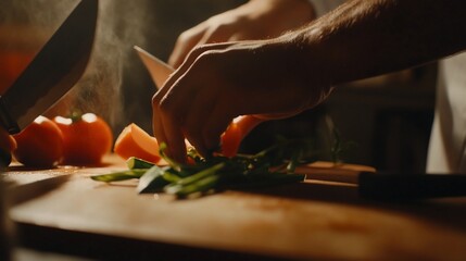 Hands slicing vegetables on a wooden cutting board in a kitchen preparing food