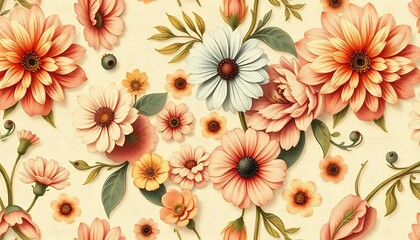 Delicate Pastel Floral Pattern Featuring Dahlias and Daisies