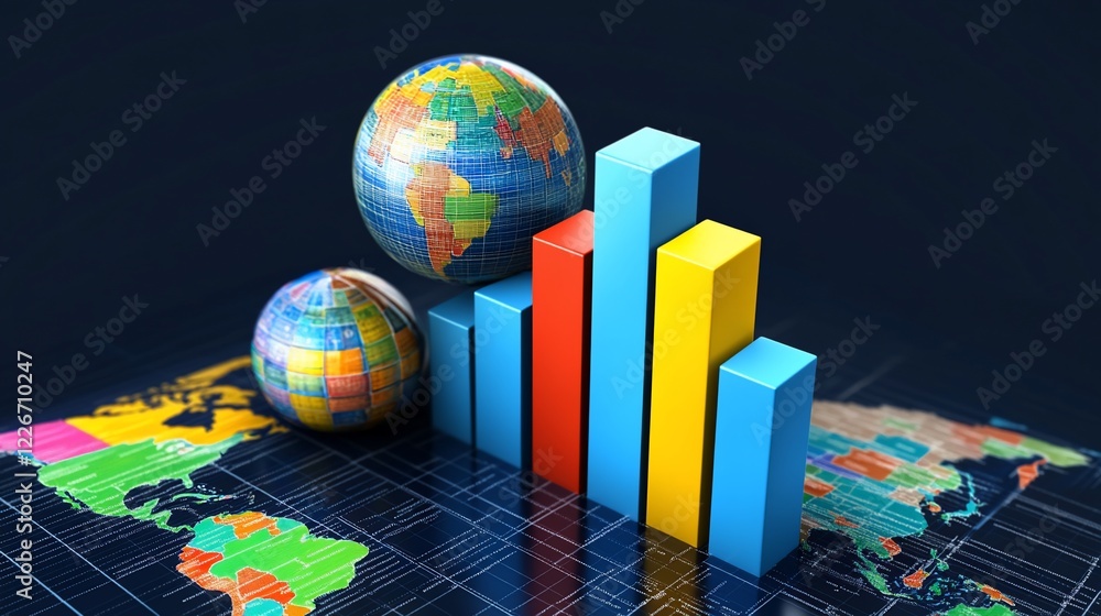 Poster global market analysis with 3d bar graph and colored world maps on dark background