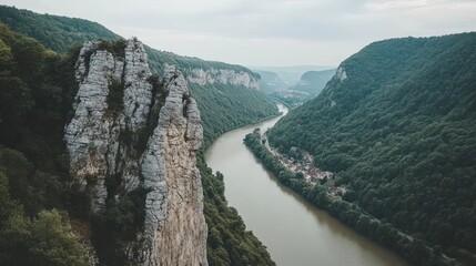 Aerial view of a river valley with a prominent rock formation.