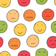 Doodle Colorful Smile Face Seamless Pattern. Sketch Emoji Wallpaper. Surface Hand Drawn Design for Textile Fabric Print