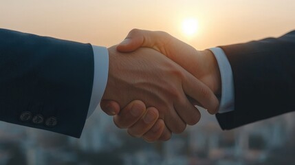 Trust confidence and transparency, Two hands clasp in a handshake against a sunset backdrop, symbolizing partnership and agreement.
