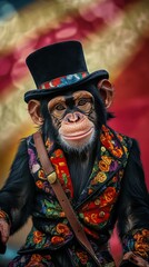 Obraz premium A charming chimpanzee dressed in a stylish outfit captures attention. The vibrant colors highlight its playful expression. An artistic representation of uniqueness. Generative AI
