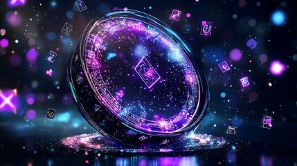 Futuristic rotating disc, digital symbols, dark background, tech concept