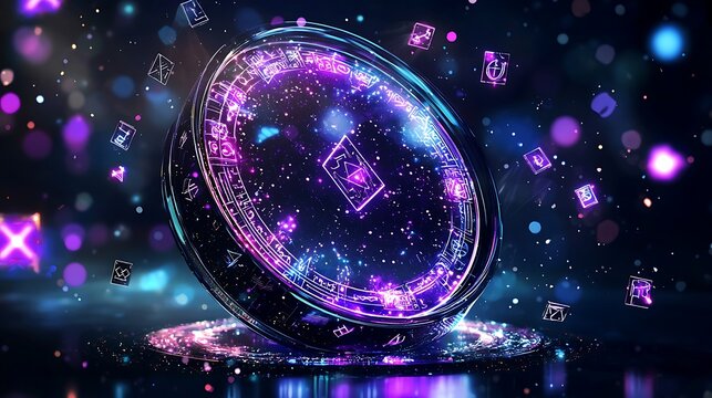 Futuristic rotating disc, digital symbols, dark background, tech concept - Powered by Adobe