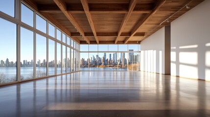 Modern Empty Space with Large Windows Revealing a Stunning City Skyline and Calm Water Views
