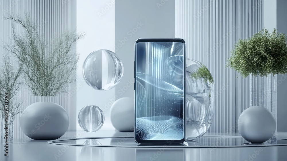 Poster a futuristic and sleek smartphone with an interactive display, surrounded by floating glass spheres 