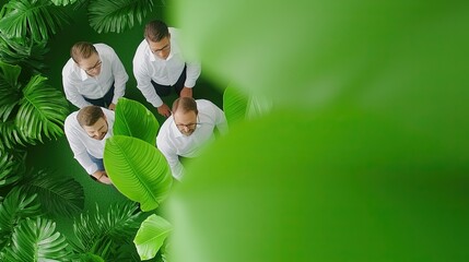 Four business professionals in white shirts stand among lush green foliage, suggesting a connection to nature and teamwork.